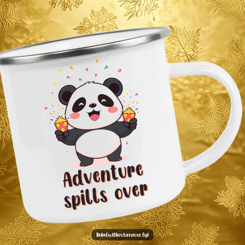 Funny Panda Camping Mug: Mischievous panda energetically juggling three exploding confetti poppers, ready for any outdoor fun.