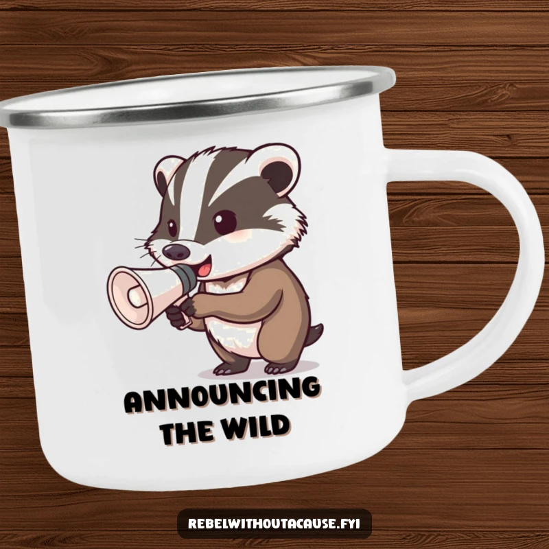 Funny determined badger megaphone camping mug showing a badger gripping a megaphone, ready to shout, perfect for outdoor adventures and strong brews.