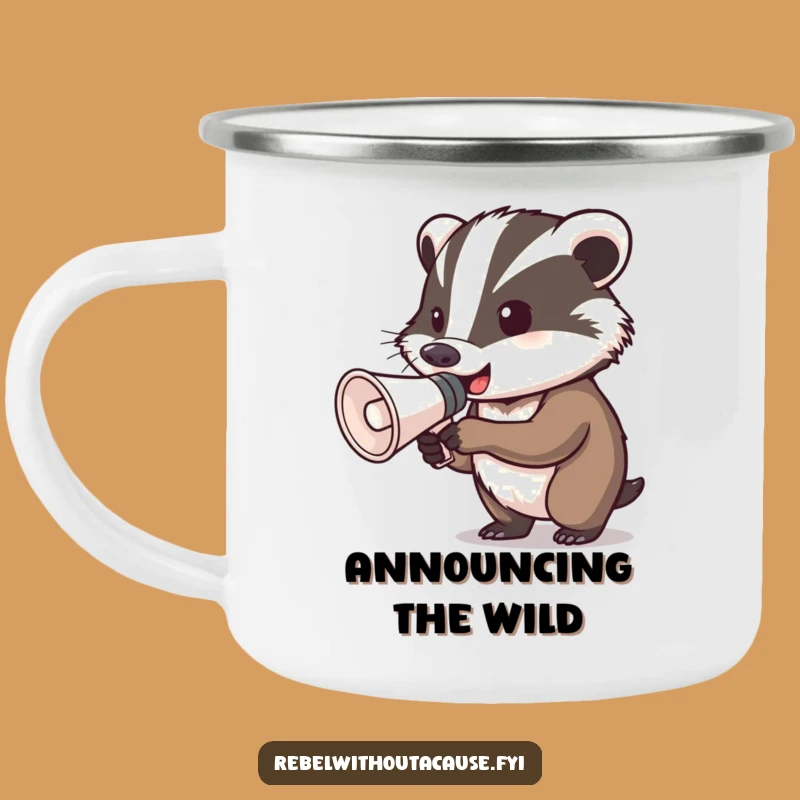 Funny Determined Badger Megaphone Camping Mug: Adventure Voices Amplified!