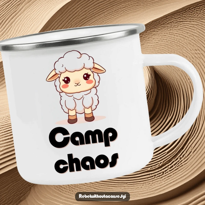 Funny Sheep Camping Mug: A kawaii sheep wearing mismatched socks looks charmingly scattered, designed for outdoor adventures and whimsical sipping.