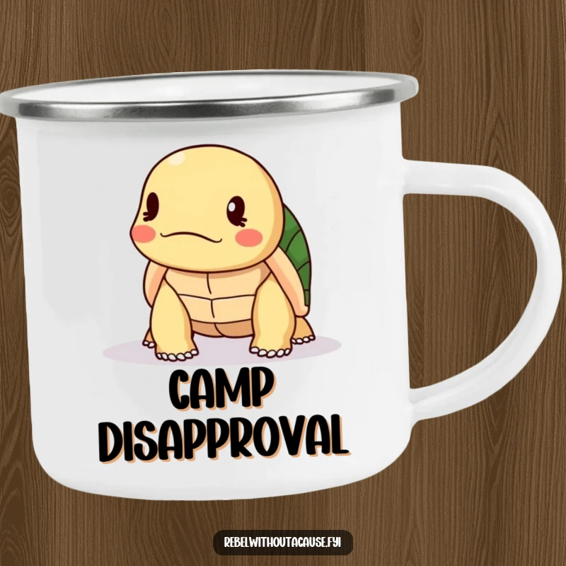 Funny Turtle Camping Mug: A kawaii turtle shakes its head disapprovingly, designed for outdoor adventures and judgmental sipping.
