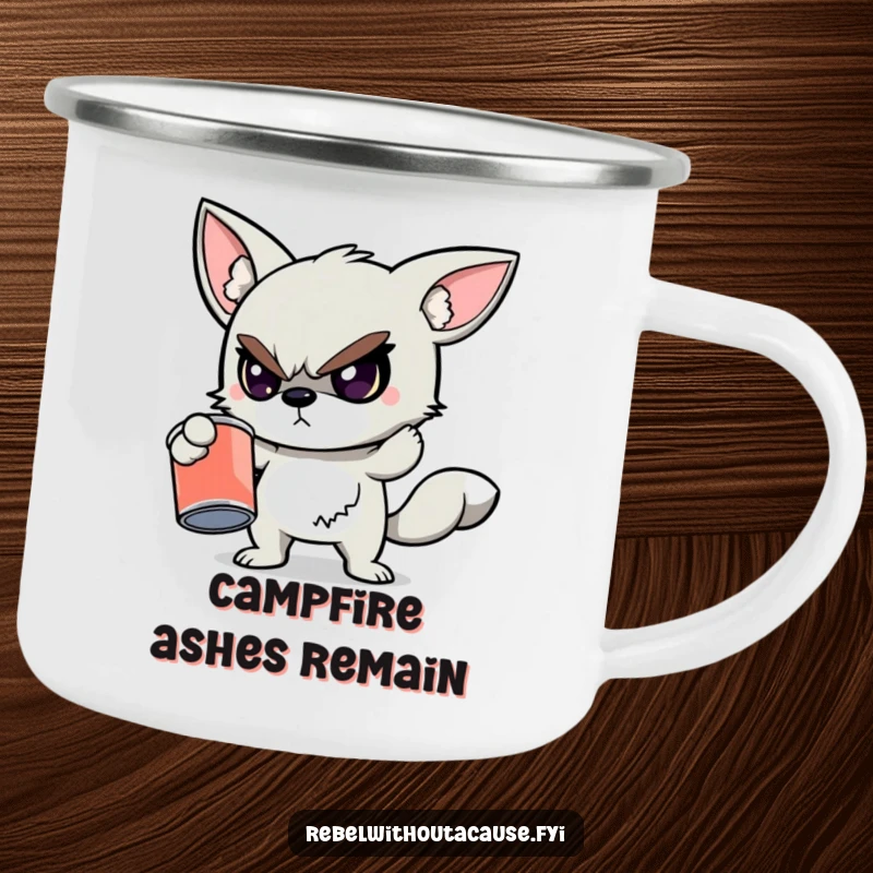 Funny camping mug with a defiant animal character holding a cracked, empty paint can, perfect for outdoor adventures for rebels.