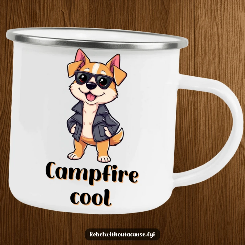 Funny Sassy Dog Camping Mug with a strutting dog in a leather jacket, perfect for enjoying drinks outdoors with style.