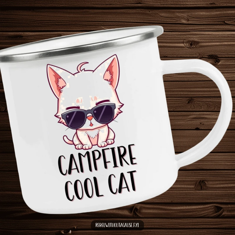 Durable, funny camping mug with a sassy cat wearing sunglasses and giving a wink, perfect for enjoying beverages outdoors with feline cool.