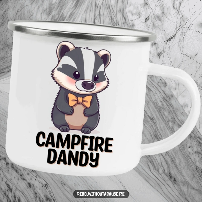 Funny camping mug showing a bold badger with a tiny, crooked bowtie, looking aloof, ideal for outdoor drinks and sophisticated humor, a cool funny gift.