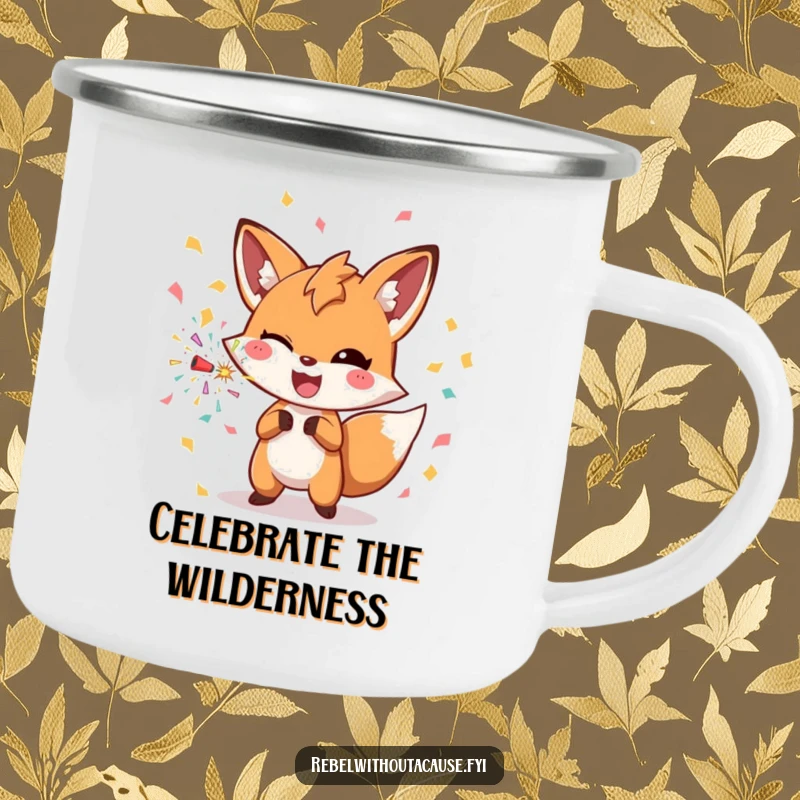 Funny fox with a confetti bomb on a camping mug, perfect for celebrating adventures.