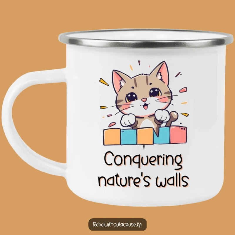 Funny Bold Cat Barrier Smash Enamel Camping Mug: Adventure-Ready with Attitude
