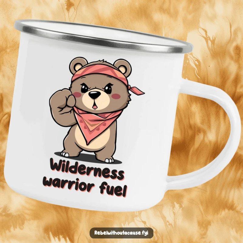 Funny Bear Camping Mug, a determined, bandana-clad bear throwing a fist, perfect for outdoor funny gifts.