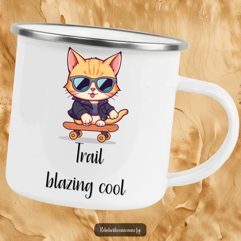 Funny Cat Skater Camping Mug with a cool cat on a skateboard, perfect for outdoor enjoyment and legendary tales.