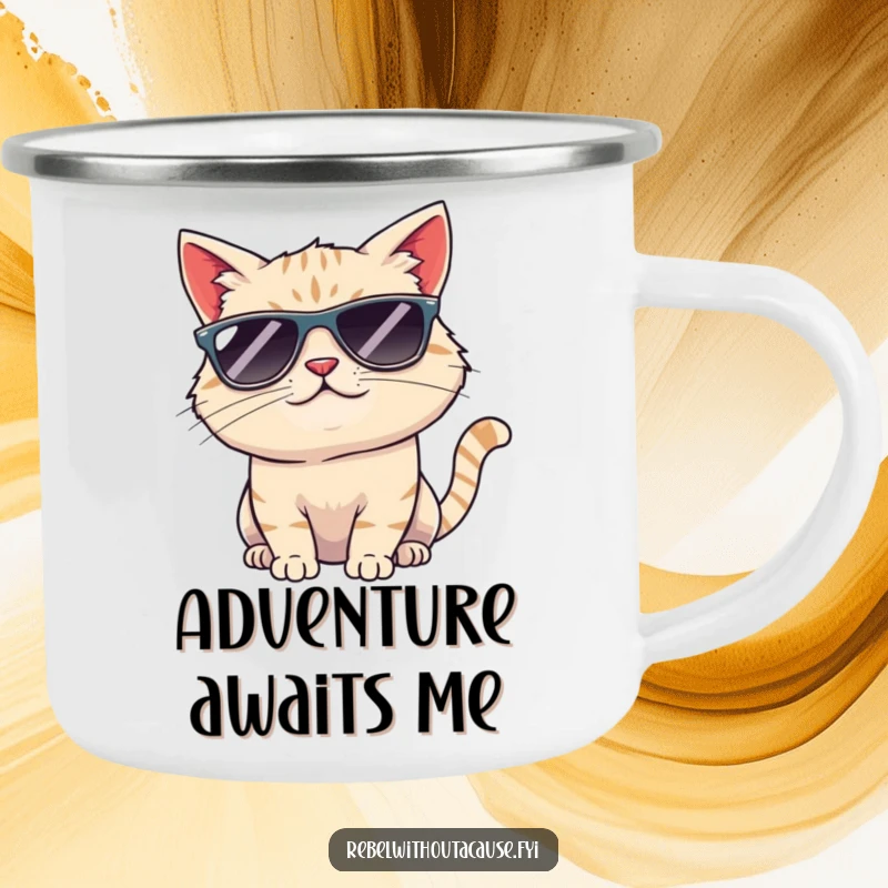Funny cool cat sunglasses camping mug showing a smirking cat in shades ready for adventure, perfect for enjoying drinks outdoors.