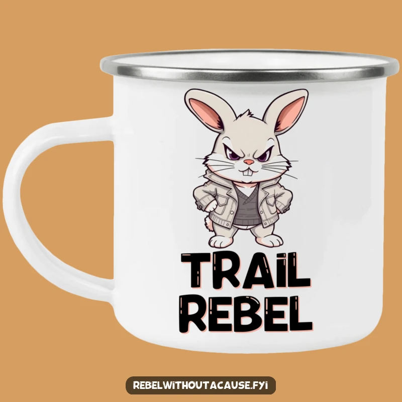 Funny Defiant Bunny Camping Mug: Outdoor Scowl, Ripped Jacket, Adventure Gift