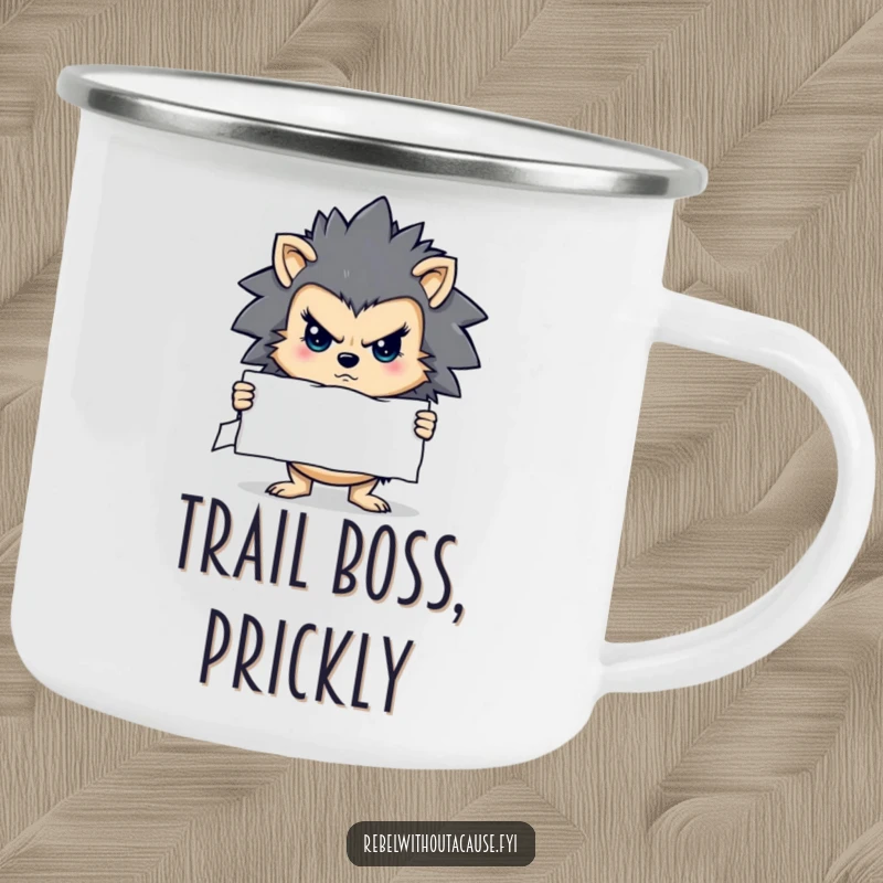 Funny camping mug of a determined hedgehog character holding a stern sign, ready for outdoor activities with resolve.