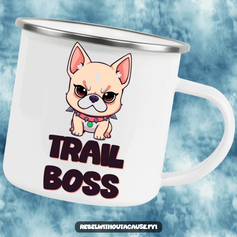 Funny camping mug featuring a rebellious dog wearing a spiked collar and a determined look, ready for adventure and hot beverages.