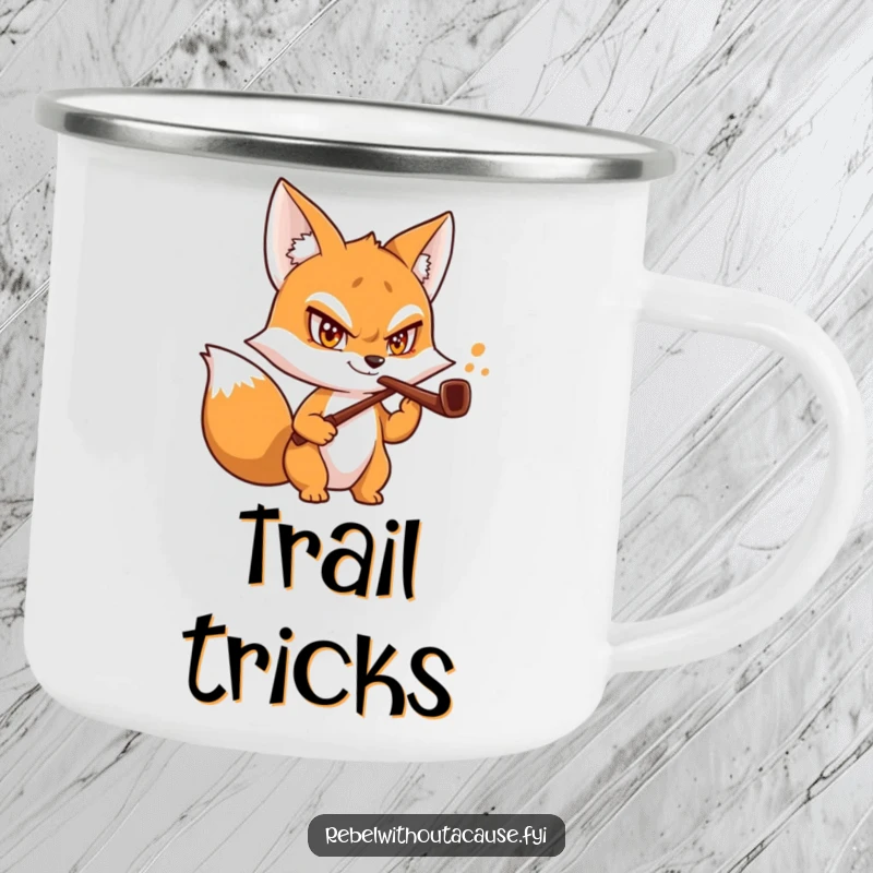 Funny Fox Butler Camping Mug with a mischievous fox, daring grin, and bent pipe, ideal for outdoor humor.