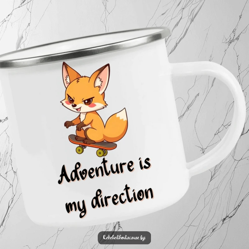 Funny fox camping mug with a cheeky fox skateboarding backwards, perfect for outdoor fun and as a hilarious funny gift.