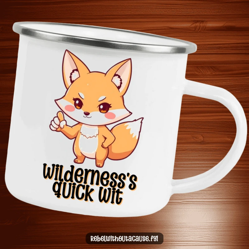 Funny fox camping mug of a playful fox in a defiant stance, pointing one paw outwards. Perfect for outdoor enthusiasts with a sassy side.