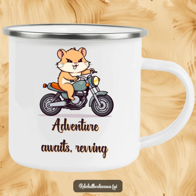 Funny Hamster Motorcycle Camping Mug: A determined hamster character rides a tiny motorcycle with a grin, perfect for outdoor use.