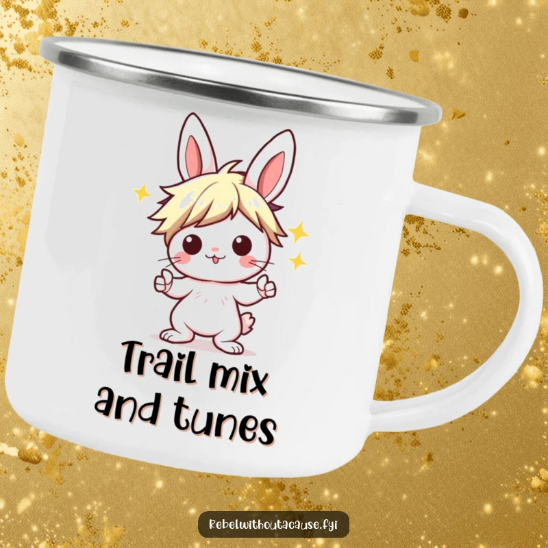Funny Kawaii Bunny Camping Mug featuring a punk bunny with a wild hairstyle, striking a 'rock on' pose, ready for outdoor jams.