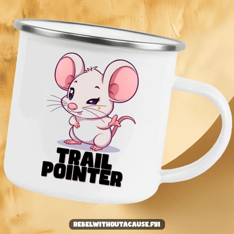 Funny Mouse Camping Mug: A kawaii mouse with a determined glint points forward, designed for outdoor adventures and motivational sipping.