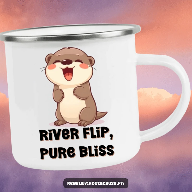 Funny giggling otter with a carefree attitude doing a playful flip on a camping mug.