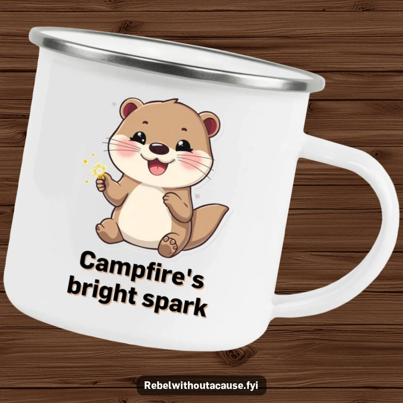 Funny otter camping mug of a happy otter holding a sparkler, looking cool and confident. Great for outdoor lovers who enjoy a bit of sparkle.