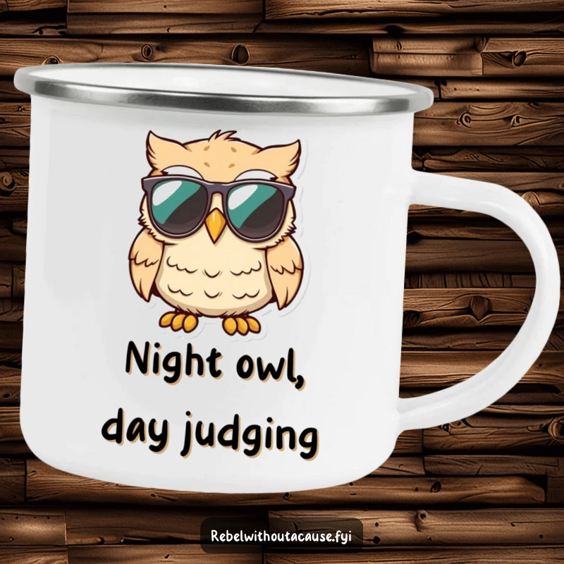Funny cool owl wearing sunglasses, smirking unimpressed on a camping mug, ideal for outdoor humor.