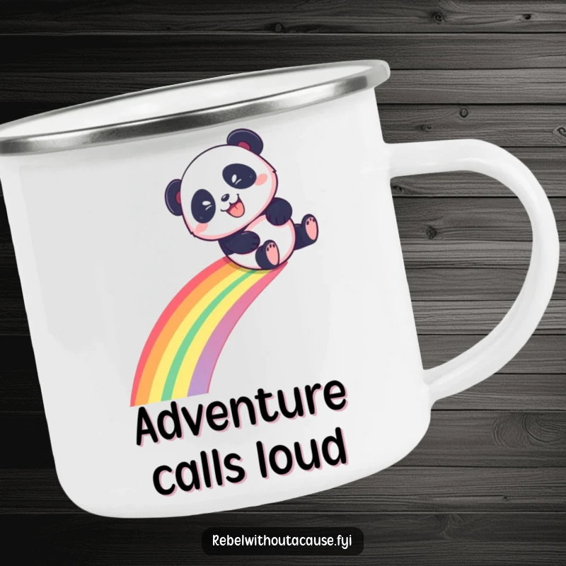 Funny Panda Camping Mug, a playful panda sliding down a rainbow with a mischievous grin, ideal funny gift.