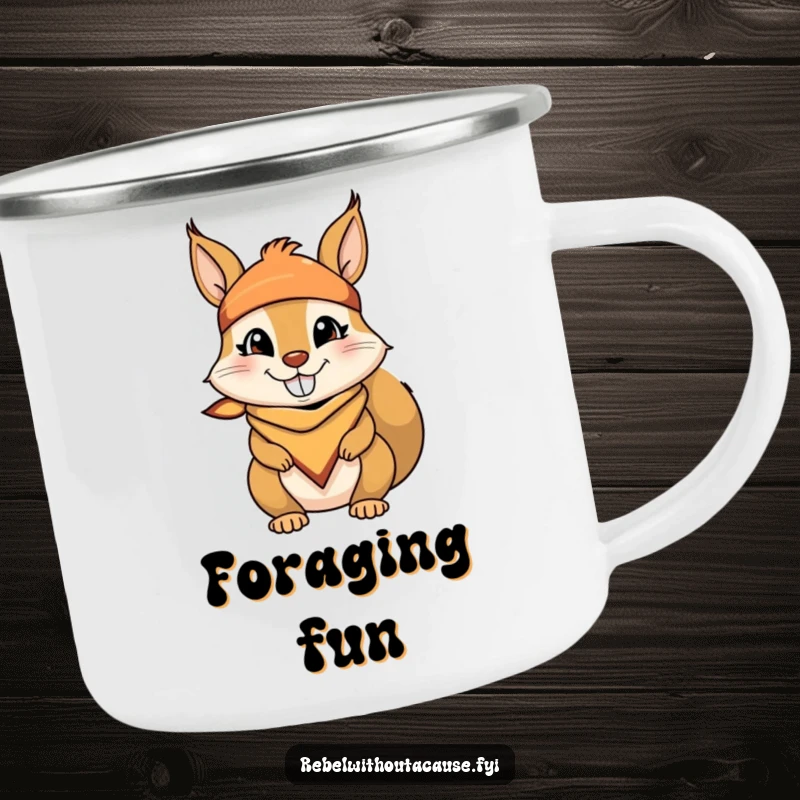 Funny camping mug featuring a mischievous squirrel wearing a bandana and a cheeky grin, ready for adventure and hot beverages.