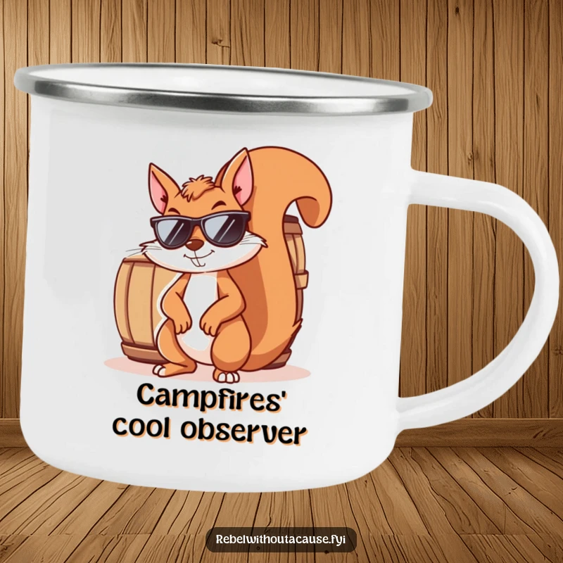 Funny squirrel camping mug of a mischievous squirrel wearing sunglasses and smirking, leaning against a barrel. Great for outdoorsy folks with a sly sense of humor.