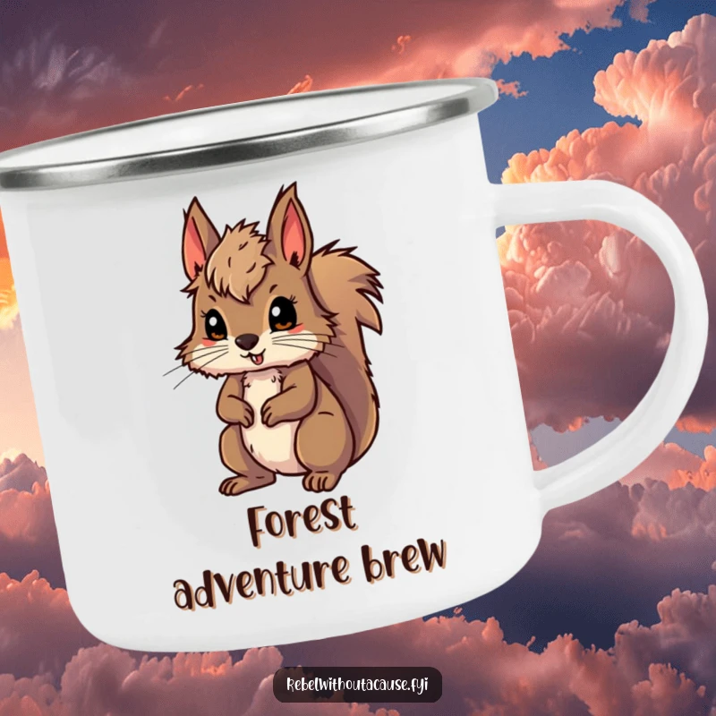 Funny camping mug showing a wild squirrel with messy fur, ready for adventure, ideal for outdoor drinks and a touch of wilderness humor, a cool funny gift.