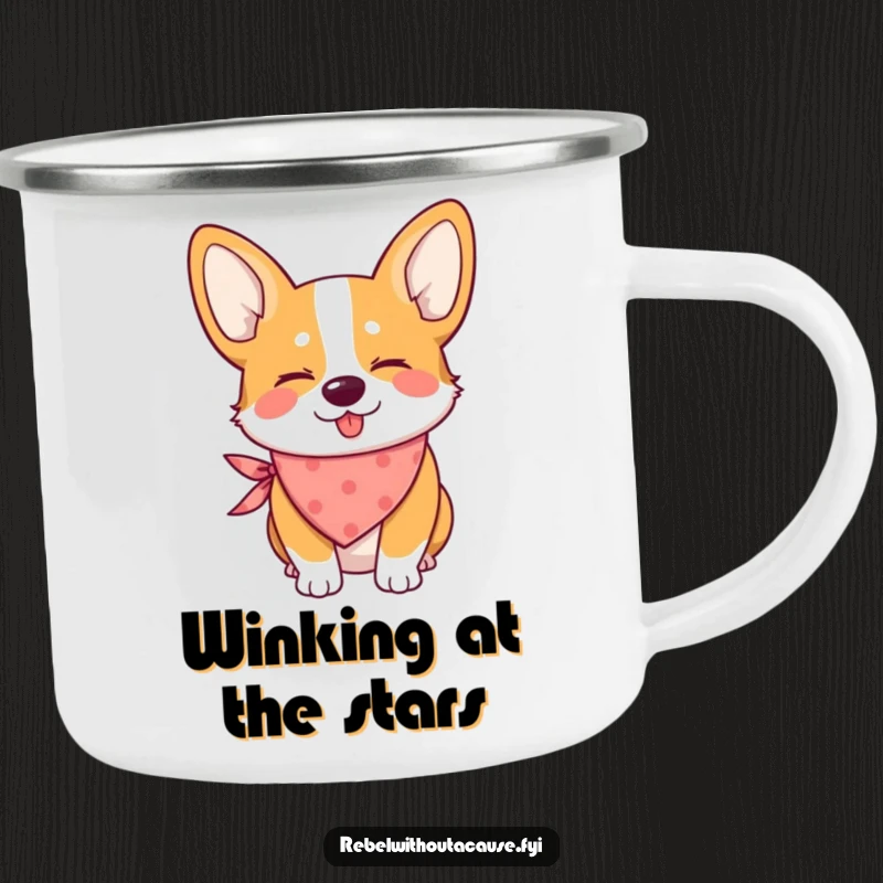 Funny enamel camping mug with a mischievous corgi wearing a bandana and giving a wink, perfect for outdoors.