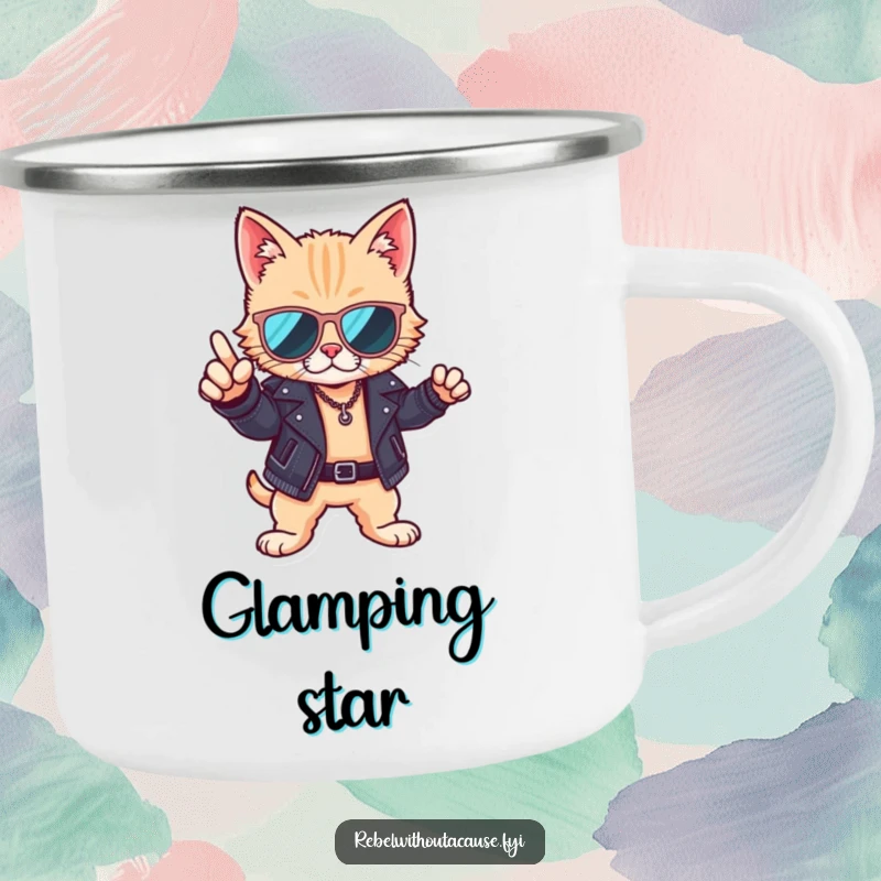 Funny camping mug featuring a cool cat wearing sunglasses and a leather jacket, ready for adventure and hot beverages.