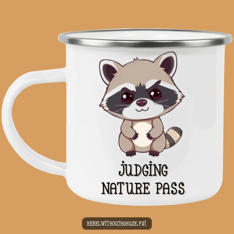 Funny Cheeky Raccoon Camping Mug: Durable Mischievous Smirk Cup for Outdoor Adventures