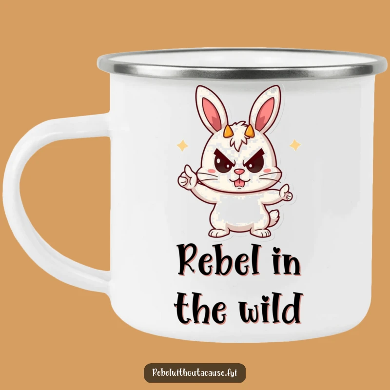 Funny Rebellious Bunny Camping Mug - Devil Horns, Outdoor Mischief, Gift