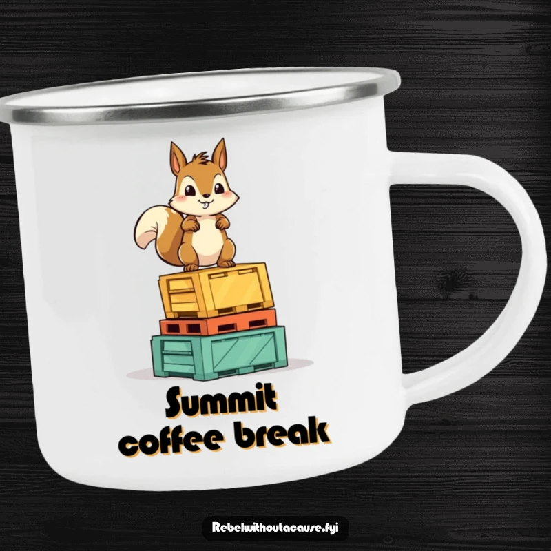 Funny Squirrel Victory Camping Mug: A fearless squirrel character stands proudly atop overturned crates, perfect for outdoor cheers.