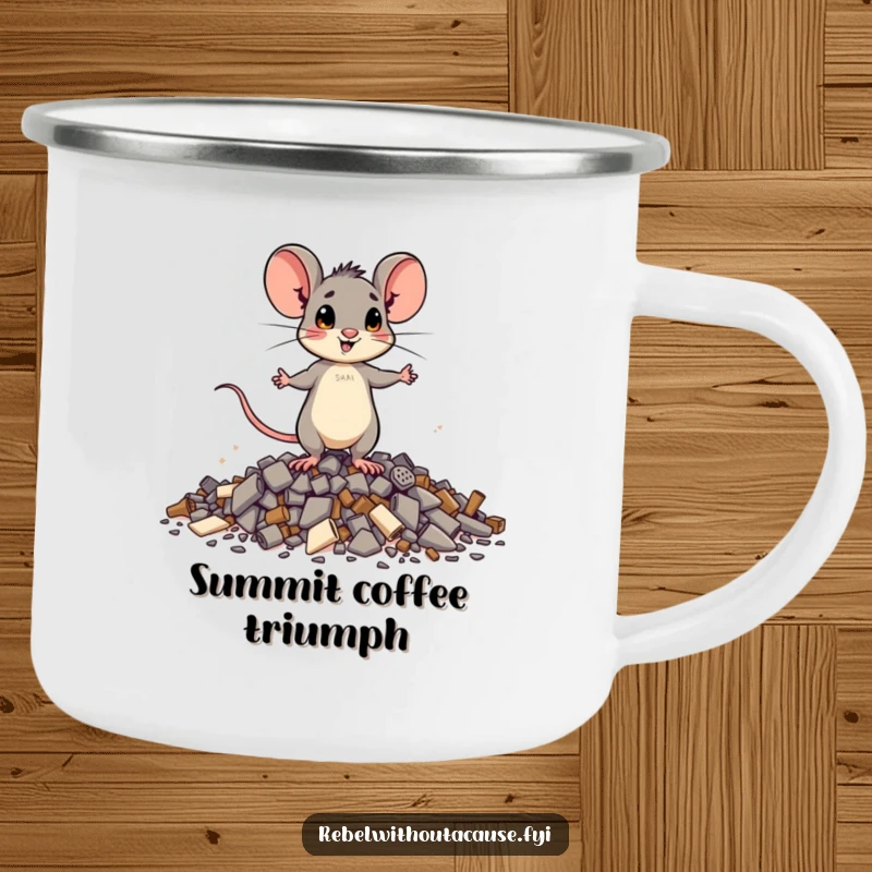 Funny brave mouse camping mug featuring a small mouse standing tall on debris, perfect for outdoor drinks and inspirational humor.