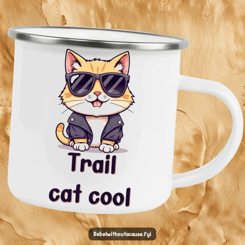 Funny camping mug showcasing a cool cat with sunglasses and a leather jacket, ready for adventure with a mischievous smirk.