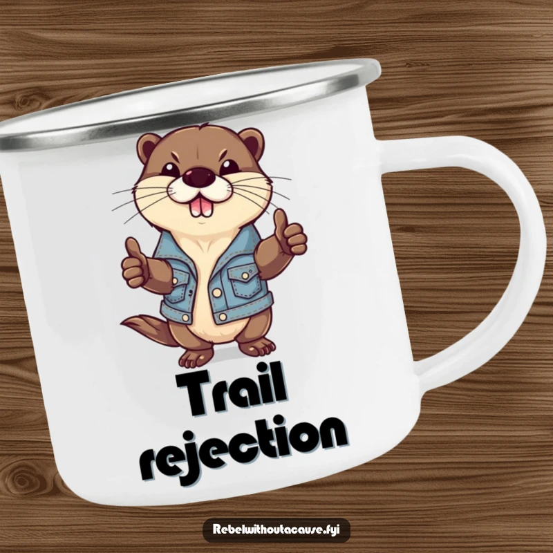Durable, funny camping mug with a defiant otter wearing a ripped denim jacket and giving a thumbs-down, perfect for enjoying beverages outdoors.