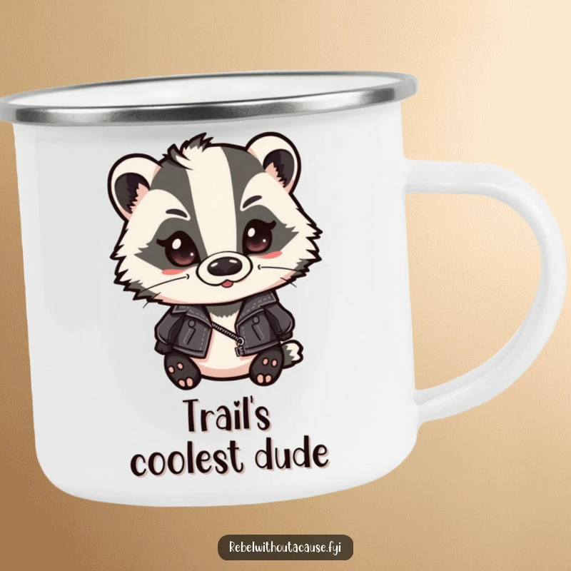 Funny badger camping mug of a cute badger in a leather jacket and slicked-back hair, smirking. Perfect for outdoor enthusiasts who love humor.