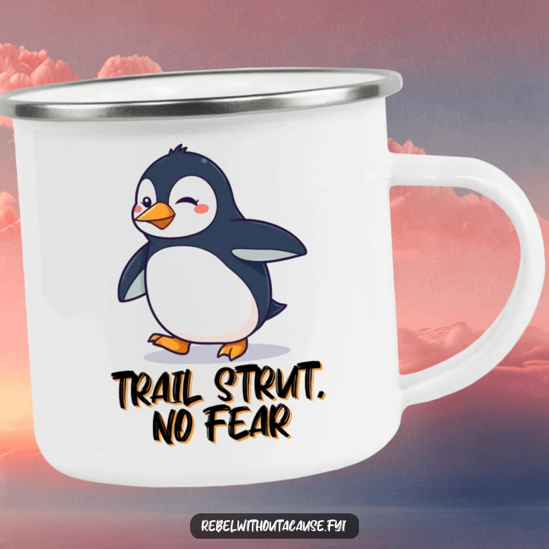 Funny determined penguin doing a smooth, sassy strut on a camping mug, perfect for outdoors.