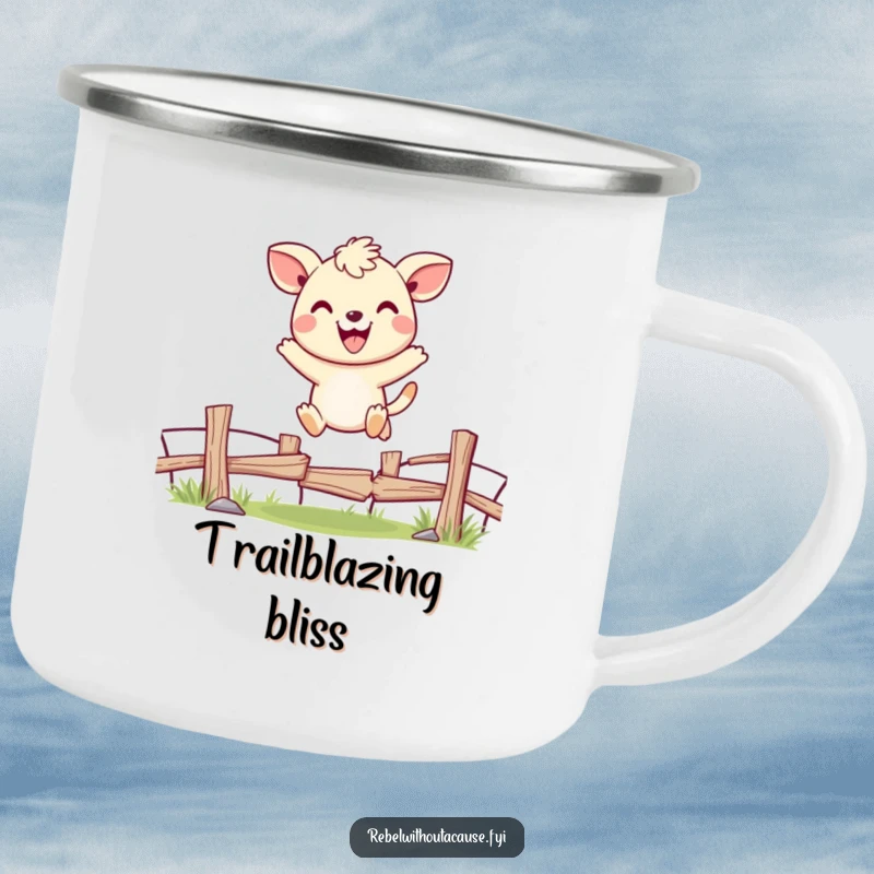 Funny camping mug with a cheerful animal character joyfully jumping over a broken fence, symbolizing adventure and happiness.