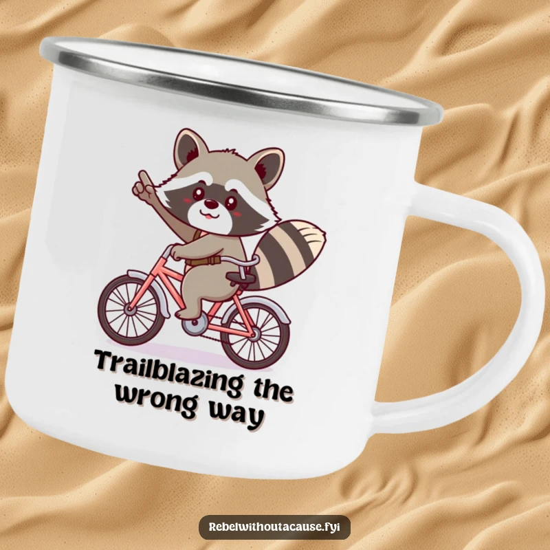 Funny kawaii raccoon giving a cheeky salute, riding a tiny bicycle backwards on a camping mug.