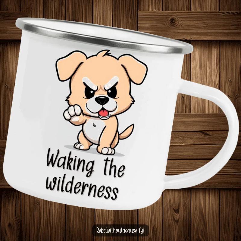 Funny enamel camping mug with a defiant puppy character stomping its foot, causing a small tremor.