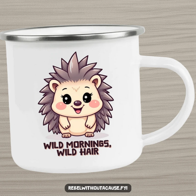 Funny hedgehog with a tiny mohawk on a camping mug, perfect for punk rock vibes in the wilderness.