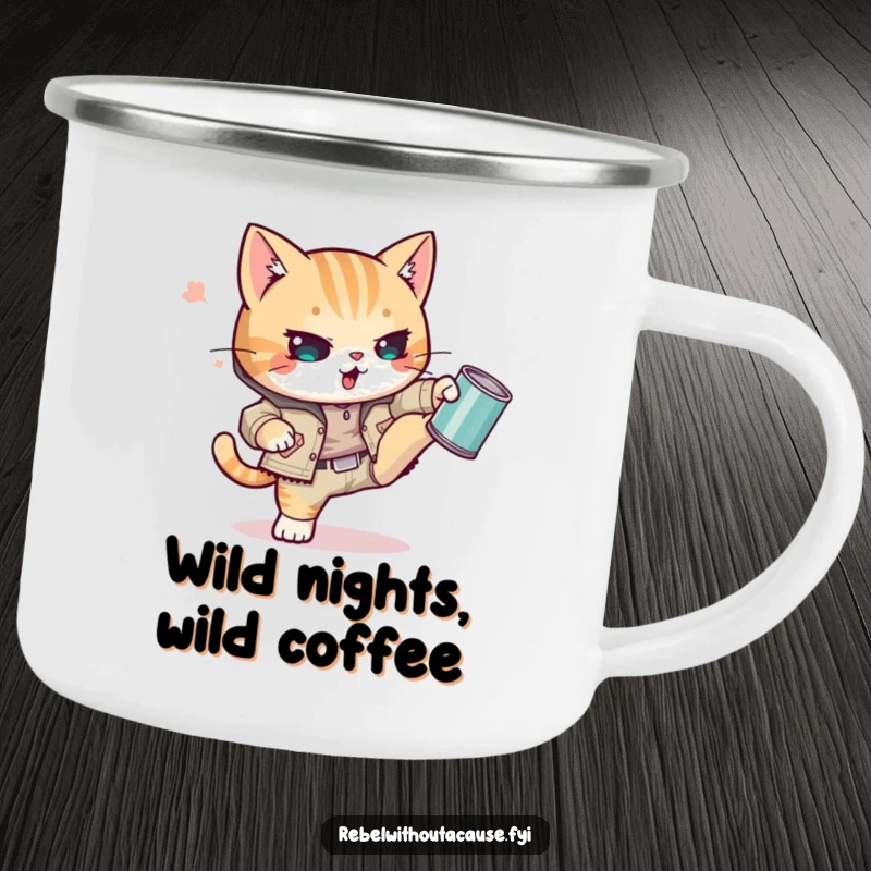 Funny Kawaii Cat Camping Mug featuring a defiant punk kitty in ripped attire, kicking a tin can, ready for outdoor escapades.