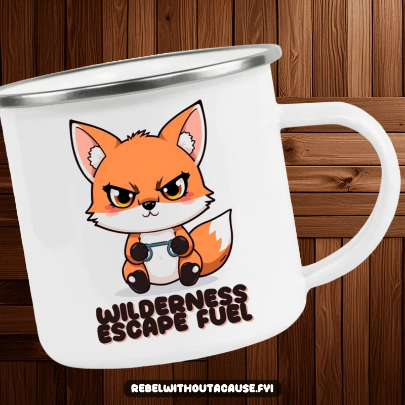 Funny Kawaii Fox Camping Mug featuring a defiant fox with a glare, holding a broken chain link, ready for outdoor liberation.