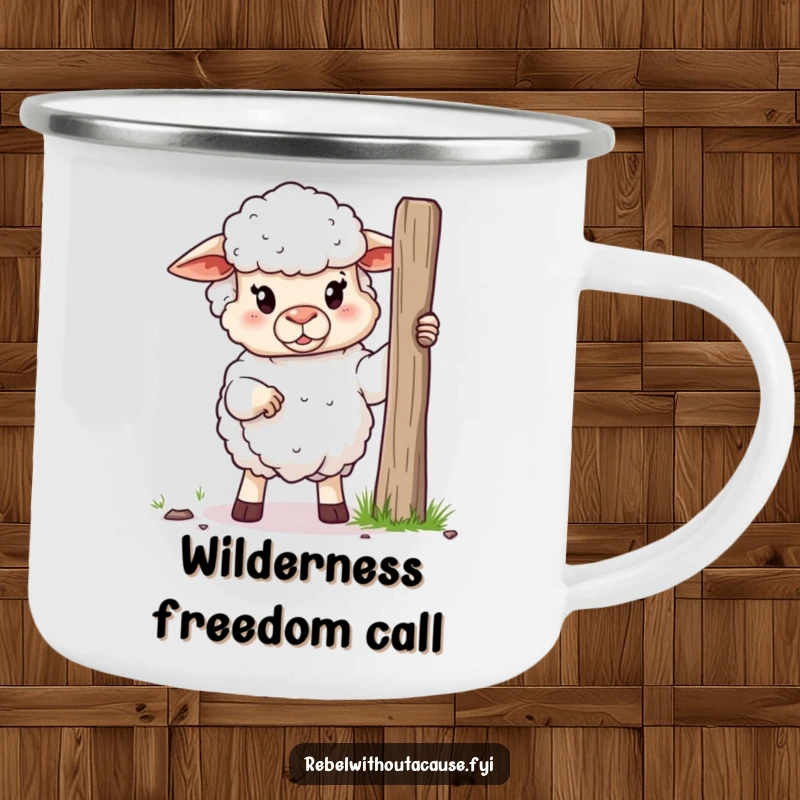 Funny camping mug with a defiant sheep holding a broken fence post, designed for outdoor enthusiasts who enjoy humor.