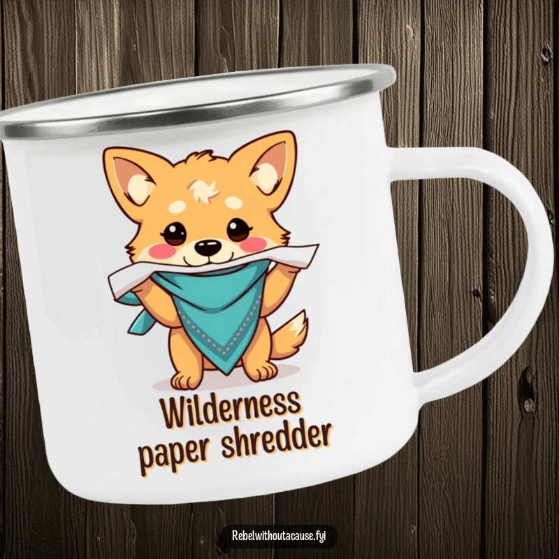 Funny camping mug featuring a carefree dog in a bandana, ripping paper, designed for outdoor fun and cheerful sipping.