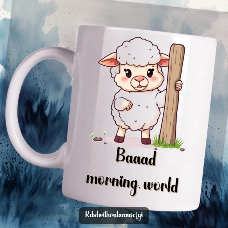 Funny mug featuring a fluffy, defiant sheep holding a broken fence post, symbolizing a humorous escape from confinement.
