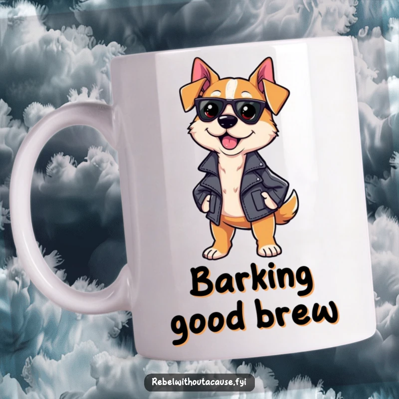 Funny Sassy Dog Mug showcasing a cool dog in a leather jacket, confidently strutting with attitude, perfect for coffee lovers.
